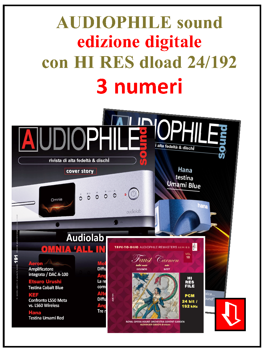 Abbonamento 3 numeri: Rivista AUDIOPHILE sound ediz. digitale con Download HI RES : PCM 192 khz / 24 bit