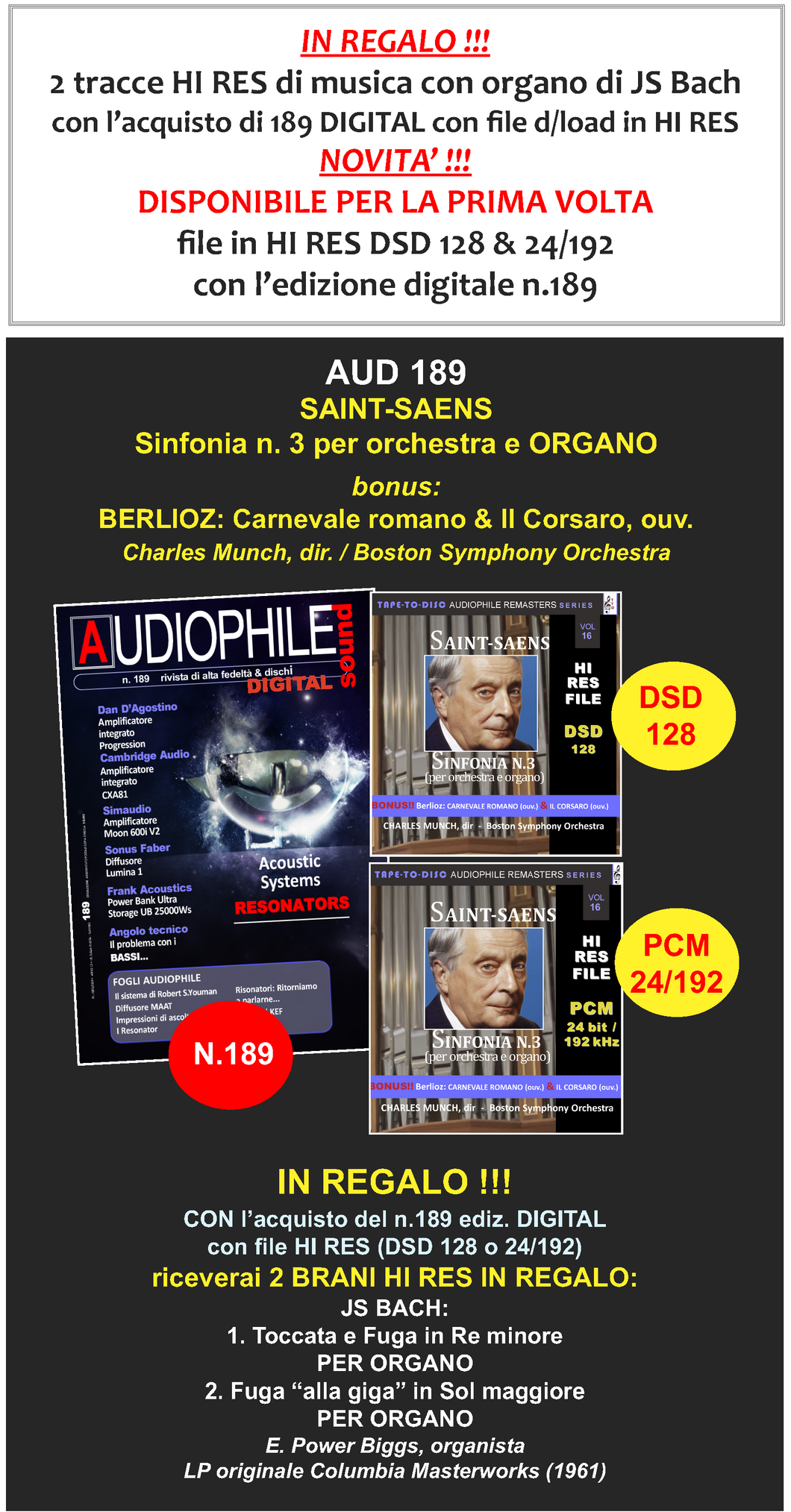 HI Res DSD 128 Audiophile sound CD n.189 “Tape-to-Disc Remasters” Series. Saint-Saens: Sinfonia n.3 per organo e orchestra + Bonus Tracks | DSD 128 (per invio digitale II)