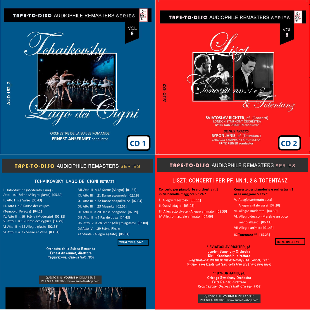 Audiophile sound CD n.182 “Tape-to-Disc Remasters” Series. CD 1: Tchaikovsky, Lago dei cigni - CD 2: Liszt, Concerti 1, 2, & Totentanz